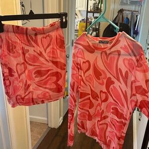 Sheer Pink Heart Print Top and Skirt Set